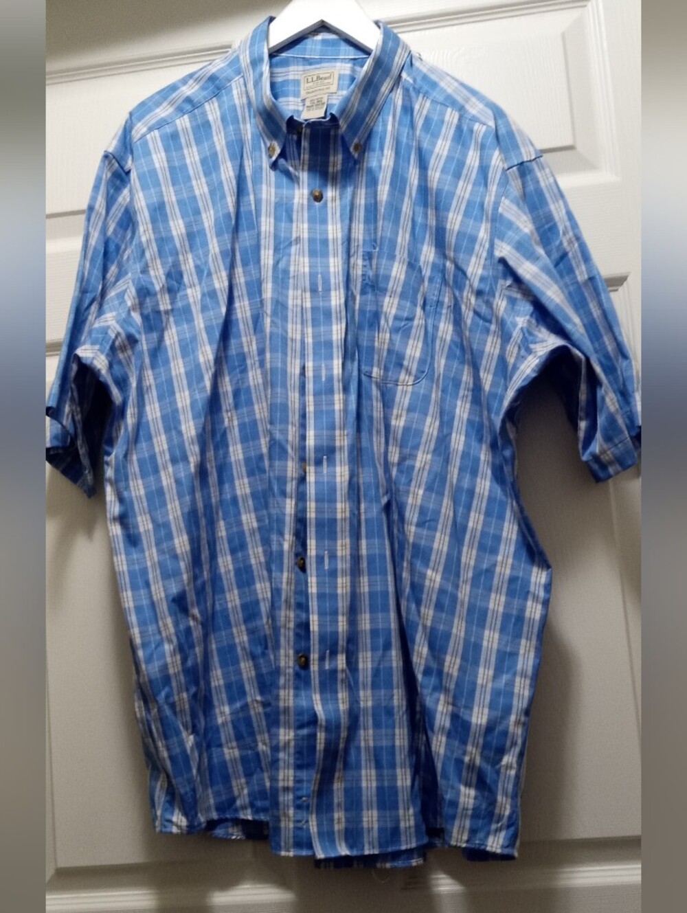 L.L. Bean Blue & White Plaid Short-Sleeve Button-Down Shirt-Size: XX LG